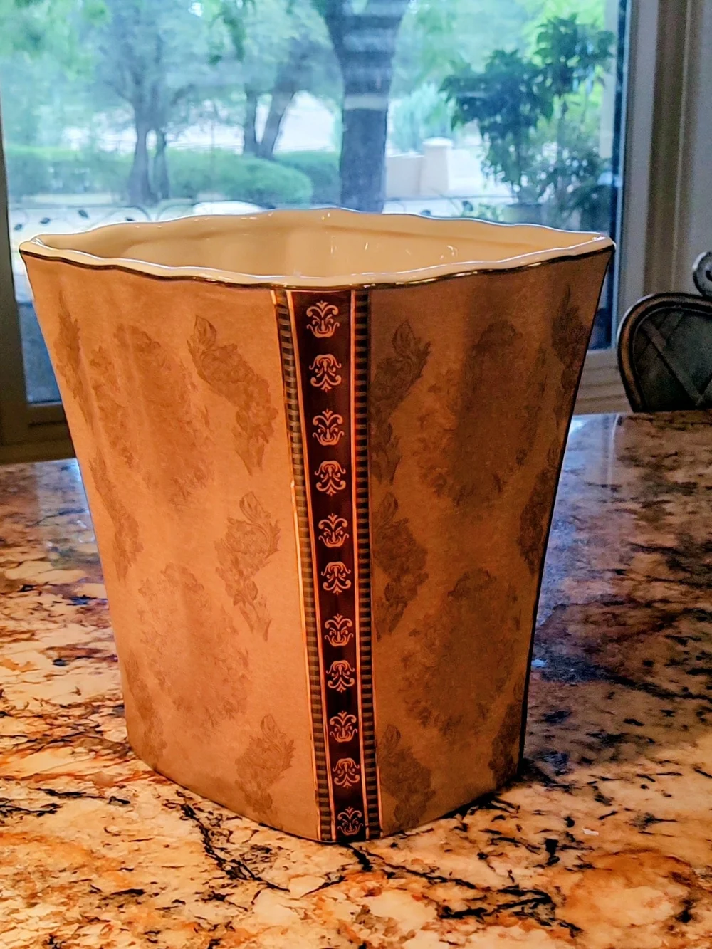 Croscill Brown, Cream and Gold Ceramic Wastebasket with Damask Trim